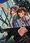  2019 2girls brown_eyes brown_hair crying crying_with_eyes_open dated ensemble_girls! green_eyes hair_ribbon hisayoshi_(hisa) kimisaki_school_uniform kusaka_ayame long_hair looking_down miyoshi_kanae multiple_girls open_mouth plaid plaid_skirt purple_eyes ribbon school_uniform sitting skirt smile tears translation_request twintails yellow_ribbon 