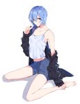  1girl absurdres ayanami_rei bangs bare_legs barefoot black_cardigan blue_hair candy cardigan clothes_down collarbone food full_body grey_shorts hair_between_eyes highres holding holding_candy holding_food holding_lollipop lollipop looking_at_viewer neon_genesis_evangelion open_cardigan open_clothes open_mouth red_eyes shirt short_hair short_shorts shorts simple_background sitting sleeveless sleeveless_shirt sleeves_past_wrists solo stomach wariza white_background white_shirt yoshio_296 