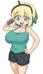  1girl :d aiming_at_viewer alternate_breast_size amano_pikamee bare_arms basukechi black_shorts blonde_hair blush breasts green_eyes green_shirt gun holding holding_gun holding_weapon large_breasts open_mouth shirt short_shorts shorts simple_background sleeveless sleeveless_shirt smile solo virtual_youtuber voms weapon white_background 