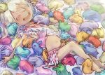  1girl bangs bare_arms bare_legs barefoot blonde_hair blurry closed_eyes creature depth_of_field feet_out_of_frame hair_between_eyes hair_rings happy highres irumyuui irumyuui&#039;s_children kingjoshua knee_up lying made_in_abyss midriff miniskirt mother_and_child navel no_eyes o-ring o-ring_bottom on_back open_mouth outie_navel outstretched_arm skirt spoilers twitter_username 