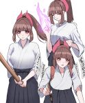  1girl blush bokken breasts brown_eyes brown_hair clenched_hand collarbone energy highres hyoshiki japanese_clothes large_breasts leaning_forward long_hair multiple_views original parted_lips ponytail stance sword weapon white_background wooden_sword 