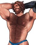  1boy abs arm_hair armpit_hair armpits arms_behind_head bara beard bikini_briefs blake_alexander blue_male_underwear brown_hair cassidy_(overwatch) chest_hair come_hither facial_hair hairy highres large_pectorals leg_hair looking_at_viewer male_focus male_underwear mature_male muscular muscular_male navel_hair neckbeard nipples overwatch pectorals presenting_armpit pubic_hair pubic_hair_peek seductive_smile short_hair smile solo stomach topless_male underwear underwear_only 