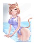  1girl animal_ears breasts brown_eyes cat_ears cat_tail collarbone commentary_request competition_swimsuit cowboy_shot extra_ears grey_one-piece_swimsuit highleg highleg_swimsuit highres light_brown_hair mashinatsu medium_breasts one-piece_swimsuit original pool poolside short_hair solo swimsuit tail wading water wet wet_clothes wet_swimsuit 