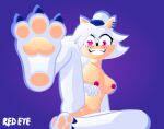  2d anthro ear_piercing fan_character feet female fur genitals hair heart_eye hi_res paw_feet paws piercing pink_eyes pussy redeye_samurai_(artist) sega smile solo sonic_the_hedgehog_(series) white_body white_fur white_hair 