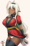  antenna_hair black_legwear blush breasts cleavage covered_nipples curvy dark_elf dark_skin elf huge_breasts kouki_kuu multiple_girls nisei_muramasa panties pointy_ears sansei_muramasa side-tie_panties soukou_akki_muramasa thighhighs underwear yellow_eyes 