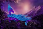  2019 ambiguous_gender blue_eyes blue_feathers claws detailed_background digital_media_(artwork) dragon feathered_dragon feathers feral log lying moss outside purple_scales scales selianth solo wood 