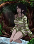  bad_id bad_pixiv_id black_hair blue_eyes breasts covered_nipples dress glasses highres large_breasts madhatter_hello nico_robin one_piece one_piece:_strong_world shirt sitting soaking_feet solo striped striped_shirt sweater sweater_dress thick_thighs thighs water 
