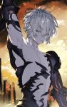  1boy arm_up armpits blue_eyes frown granblue_fantasy hair_between_eyes highres lucilius_(granblue_fantasy) makita_(homosapiensu) male_focus short_hair shoulder_armor spoilers stitches white_hair 