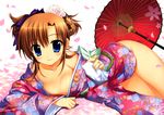  absurdres bare_shoulders blue_eyes bottomless breast_press breasts cherry_blossoms copyright_request crease fujima_takuya highres japanese_clothes kimono large_breasts lying on_side open_clothes open_kimono petals red_hair scan scan_artifacts solo 
