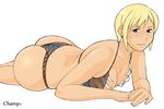  ass bikini blonde_hair breasts champ+ cleavage large_breasts lying monster_hunter on_stomach short_hair solo swimsuit thong_bikini tigrex 