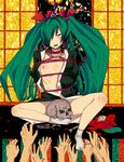  bad_id bad_pixiv_id bdsm bondage bound flat_chest green_hair hair_over_one_eye hands hatsune_miku japanese_clothes legs long_hair musunde_hiraite_rasetsu_to_mukuro_(vocaloid) nipples petals red_eyes red_rope rope satoyoshi_fuyou skull solo twintails vocaloid 