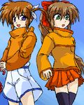  artist_request brown_hair cosplay costume_switch crossover lowres lyrical_nanoha mahou_shoujo_lyrical_nanoha multiple_girls orange_shirt scryed seiyuu_connection shirt shorts takamachi_nanoha takamachi_nanoha_(cosplay) tamura_yukari thighhighs white_shorts yuuta_kanami yuuta_kanami_(cosplay) 