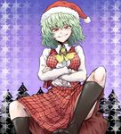  ascot christmas_tree crossed_arms face feet green_hair grin hat kazami_yuuka naui_kudan plaid plaid_skirt plaid_vest red_eyes santa_hat short_hair skirt skirt_set smile snowflakes socks solo touhou vest 