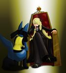  chin_rest crossed_legs gen_3_pokemon gen_4_pokemon lucario lunatone nonki_(7mo7ki83) one_knee pokemon pokemon_(creature) pokemon_(game) pokemon_dppt shirona_(pokemon) sitting solrock throne 