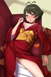  akizuki_ryou antenna_hair blush brown_eyes brown_hair couch drunk flat_chest idolmaster idolmaster_dearly_stars japanese_clothes kimono male_focus otoko_no_ko panties pantyshot plate short_hair solo sugar_(sugarless) underwear 