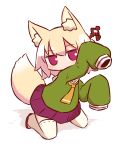  1girl animal_ear_fluff animal_ears bangs blonde_hair blush brown_footwear closed_mouth eyebrows_visible_through_hair fox_ears fox_girl fox_tail full_body green_shirt hair_between_eyes hair_bun hair_ornament kemomimi-chan_(naga_u) kneeling long_sleeves naga_u orange_neckwear original pleated_skirt purple_skirt red_eyes ribbon-trimmed_legwear ribbon_trim shirt skirt sleeves_past_fingers sleeves_past_wrists solo tail thighhighs white_background white_legwear 