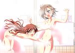  barefoot blush brown_eyes brown_hair censored closed_eyes convenient_censoring hands ka2 misaka_mikoto multiple_girls navel nude outstretched_arms outstretched_hand reaching shirai_kuroko showering to_aru_kagaku_no_railgun to_aru_majutsu_no_index towel 