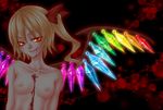  bad_id bad_pixiv_id blonde_hair blood blood_on_face blood_stain breasts crystal fang flandre_scarlet glowing glowing_eyes hair_ribbon natsumoto nipples rainbow_order red_eyes ribbon short_hair side_ponytail small_breasts smile smirk solo topless touhou wings 