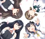  4girls ajino_(sakanahen) anchor_symbol arashio_(kantai_collection) arms_up asashio_(kantai_collection) black_hair blouse blue_eyes blue_sailor_collar breasts brown_eyes brown_hair cherry_blossoms collared_shirt dress eyebrows_visible_through_hair eyes_closed frilled_dress frills gradient_hair grey_hair hair_between_eyes hairband hat headgear kantai_collection long_hair long_sleeves looking_at_viewer low_twintails lying mini_hat multicolored_hair multiple_girls neck_ribbon neckerchief open_mouth petals pinafore_dress red_ribbon remodel_(kantai_collection) ribbon sailor_collar school_uniform shirayuki_(kantai_collection) shirt short_hair_with_long_locks short_sleeves short_twintails sidelocks sleeveless sleeveless_dress small_breasts smile tokitsukaze_(kantai_collection) twintails upper_body white_shirt yellow_eyes 