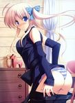  absurdres ahoge ass belt blonde_hair blue_eyes blush bow dengeki_moeou detached_sleeves hair_bow highres panties pants_pull pulled_by_self solo striped striped_panties underwear undressing yuuki_makoto_(radiant) 