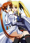  ass bad_id bad_pixiv_id blonde_hair blue_eyes brown_hair fate_testarossa fingerless_gloves gloves hair_ribbon hug kakitsubata_tsukune long_hair looking_back lyrical_nanoha magical_girl mahou_shoujo_lyrical_nanoha_strikers multiple_girls panties red_eyes ribbon takamachi_nanoha thighhighs twintails underwear very_long_hair 