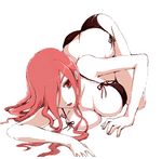  all_fours ass bad_id bad_pixiv_id bikini breast_press breasts chanchan cleavage hair_over_one_eye large_breasts long_hair mole mole_under_eye open_mouth original red_eyes red_hair side-tie_bikini simple_background solo string_bikini swimsuit top-down_bottom-up white_background 