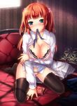  bangs black_legwear blue_eyes blunt_bangs blush bra breasts cleavage hair_bobbles hair_ornament kneeling large_breasts lingerie mafuyu mouth_hold open_clothes open_shirt orange_hair panties ribbon shirt solo sweat thighhighs two_side_up umineko_no_naku_koro_ni underwear ushiromiya_ange 