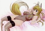  animal_ears antenna_hair areolae bangs bare_shoulders bed bed_sheet blonde_hair blush breasts breasts_apart covered_navel detexted finger_to_mouth fishnet_legwear fishnets fox_ears fox_tail from_side groin halterneck highleg highleg_leotard highres indoors kanokon large_breasts leotard long_hair lying minamoto_chizuru no_nose official_art on_back on_bed pillow purple_eyes scan see-through sheer_leotard shiny shiny_clothes solo tail takami_akio thighhighs third-party_edit turtleneck 