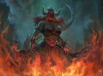  1girl abs arms_at_sides artist_logo bandeau bare_legs bare_shoulders big bowsette bracelet breasts breathing_fire brooch claws cleavage collar crown dark_skin erect_nipples fire floating_hair giga_bowser glowing glowing_eyes highres horns huge_breasts jewelry long_hair looking_at_viewer mario_(series) monster_girl muscle muscular_female navel new_super_mario_bros._u_deluxe night nintendo open_mouth outdoors panties red_eyes red_hair sharp_teeth smoke solo spiked_armlet spiked_bracelet spiked_collar spiked_tail spikes standing stomach super_smash_bros. tail teeth underwear 