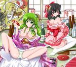  :d alcohol areolae ass bad_id bad_pixiv_id bishamonten's_pagoda breasts breasts_apart brown_hair censored convenient_censoring cup drunk egasumi floral_print folding_screen green_eyes green_hair hair_ornament hair_over_breasts hakurei_reimu highres japanese_clothes kado kimono kochiya_sanae large_breasts licking_lips long_hair multiple_girls nazrin obi open_mouth panties sakazuki sake sarashi sash smile snake spread_legs tabi tatami thighhighs tongue tongue_out toramaru_shou touhou underwear 