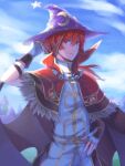  1boy artist_name bangs blue_sky brown_wings capelet closed_mouth cloud commentary_request cowboy_shot crescent crescent_hat_ornament day fingerless_gloves fur-trimmed_capelet fur_trim gloves hair_between_eyes hat hat_ornament high_collar high_wizard_(ragnarok_online) highres looking_at_viewer male_focus natsuya_(kuttuki) outdoors pants print_headwear purple_headwear ragnarok_online red_capelet shirt short_hair signature sky smile solo star_(symbol) star_print web_address white_gloves white_pants white_shirt wings witch_hat 