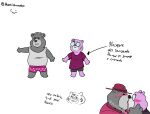  2023 absurd_res anthro bear blush clothing dialogue duo eyes_closed eyewear glasses hat headgear headwear hi_res kissing male male/male mammal padre_(unicorn_wars) pansitowaton pink_body sargento_caricias scar shirt slightly_chubby spanish_text text topwear underwear unicorn_wars 