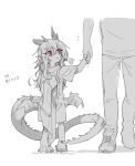  1boy 1girl animal_feet bangs barefoot child dragon_girl dragon_tail dragon_wings female_child holding holding_clothes holding_hands horns long_hair messy_hair monochrome mullmull02 multiple_horns original out_of_frame pants red_eyes shirt shoes short_sleeves side-by-side simple_background slit_pupils spot_color standing t-shirt tail wings 
