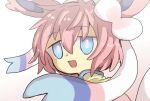  1girl :d animal_ears bangs blue_eyes bow bright_pupils commentary_request cookie_(touhou) hair_between_eyes hair_bow looking_at_viewer nahori_(hotbeans) nyon_(cookie) open_mouth pink_hair pokemon short_hair smile solo sylveon upper_body white_bow white_pupils 