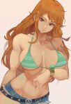  1girl absurdres alterlesott bare_shoulders belt bikini bikini_top_only blush breasts brown_eyes earrings highres jewelry large_breasts long_hair looking_at_viewer nami_(one_piece) navel one_piece orange_hair short_shorts shorts solo swimsuit tattoo 