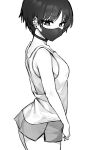  1girl barbell_piercing breasts choker commentary dolphin_shorts ear_piercing earrings greyscale highres jewelry jorin mask mole mole_under_eye monochrome mouth_mask original piercing short_hair short_shorts shorts sideboob small_breasts solo tank_top 