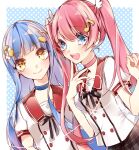  2girls blue_eyes blue_hair border ensemble_girls! facing_to_the_side hamori_tsubasa highres kanon_kotori kimisaki_school_uniform light_blue_background light_blue_hair looking_at_viewer multiple_girls open_mouth orange_hair pink_hair pink_sailor_collar polka_dot polka_dot_background rin-wonderland sailor_collar school_uniform shirt short_sleeves smile twintails white_background white_border white_shirt 