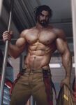  1boy abs aenaluck artist_name bara beard black_hair brown_pants chest_hair closed_mouth facial_hair firefighter firefighter_jacket highres holding holding_clothes holding_jacket indoors jacket jacket_removed large_pectorals male_focus muscular muscular_male navel navel_hair nipples original pants pectorals short_hair solo topless_male 