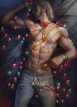  1boy abs aenaluck artist_name bara bed chest_hair christmas_lights closed_eyes facial_hair grey_hair grey_pants highres large_pectorals lying male_focus master_(aenaluck) muscular muscular_male navel nipples on_back on_bed original pants pectorals short_hair sleeping solo topless_male 