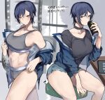  1girl absurdres bangs black_shirt blue_eyes blue_hair blue_jacket blush breasts buruma can choker cleavage collarbone cutoffs earrings energy_drink feet_out_of_frame heart heart_choker highres holding holding_can jacket jewelry kyoyakyo looking_at_viewer medium_breasts monster_energy multiple_views navel original parted_lips shirt short_hair sitting sports_bra standing steaming_body stomach stud_earrings sweat t-shirt table tablet_pc thighs translation_request tsurime 
