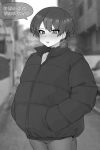  1girl blush coat commentary_request cowboy_shot denim earrings greyscale hands_in_pockets jeans jewelry jorin korean_commentary korean_text monochrome original pants photo_background short_hair solo stud_earrings translation_request winter_clothes winter_coat 