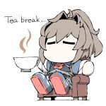 1girl ascot blue_shirt brown_hair chibi closed_eyes couch cup hair_intakes kantai_collection medium_hair messy_hair no_mouth on_couch ponytail red_ascot sheffield_(kancolle) shirt sitting task_(s_task80) tea teacup uniform 