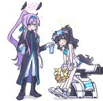  2girls absurdres animal_ears black_coat black_hair blue_archive blush boots can coat crop_top dog_ears dog_girl dog_tail flying_sweatdrops gatling_gun gloves hairband halo hibiki_(blue_archive) hibiki_(cheerleader)_(blue_archive) highres holding holding_can holding_pom_poms long_hair long_sleeves minigun multiple_girls notice_lines open_mouth pants pom_pom_(cheerleading) ponytail purple_hair seal_007 shirt shoes simple_background sitting skirt sleeveless sleeveless_shirt smile sneakers standing tail turret utaha_(blue_archive) utaha_(cheerleader)_(blue_archive) white_background white_gloves white_skirt wrist_cuffs 
