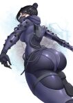 1girl alternate_color an13579 animification apex_legends ass black_bodysuit black_hair blue_eyes blush bodysuit breasts cable electricity from_behind from_below hair_bun highres looking_at_viewer looking_back mask medium_breasts mouth_mask quarantine_722_wraith single_hair_bun skin_tight solo white_background wraith_(apex_legends) 