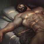  1boy abs aenaluck arm_hair artist_name bara beard bed black_hair carlnes_(aenaluck) chest_hair completely_nude facial_hair highres indoors large_pectorals leg_hair lying male_focus medium_hair muscular muscular_male navel nipples nude on_back on_bed original pectorals pillow solo thick_thighs thighs 