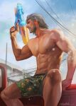  1boy abs absurdres aenaluck artist_name bara chest_hair cloud day facial_hair green_male_swimwear grey_hair highres holding holding_water_gun large_pectorals looking_to_the_side male_focus male_swimwear master_(aenaluck) muscular muscular_male navel navel_hair nipples original outdoors pectorals short_hair sitting sky solo splashing topless_male water_gun 