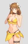 1girl bangs bare_arms bare_shoulders bikini blush breasts brown_eyes brown_hair commentary cowboy_shot fire_emblem fire_emblem_engage goldmary_(fire_emblem) grey_background hair_ribbon hands_on_own_chest highres large_breasts long_hair looking_at_viewer navel ribbon sarong simple_background smile solo standing stomach swimsuit thighs white_ribbon yellow_bikini yycaihuahua 