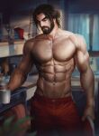  1boy abs aenaluck arm_hair bara beard black_hair carlnes_(aenaluck) chest_hair cup facial_hair highres holding holding_cup indoors large_pectorals male_focus medium_hair muscular muscular_male navel navel_hair nipples original pants pectorals ponytail red_pants solo topless_male 