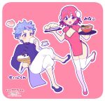  1boy 1girl artist_name blue_footwear blue_shirt blush bob_cut border breasts bun_cover china_dress chinese_clothes cleavage_cutout clothing_cutout crossed_legs double_bun dress dumpling flats food food_in_mouth full_body grey_hair hair_between_eyes hair_bun jiaozi krudears long_sleeves mandarin_collar medium_breasts open_mouth panda pants pelvic_curtain pink_background pink_footwear pink_hair protagonist_(tokimemo_gs3) purple_eyes red_eyes shirt shitara_seiji short_dress short_hair short_sleeves smile thighhighs thighs tokimeki_memorial tokimeki_memorial_girl&#039;s_side_3rd_story twitter_username white_border white_pants white_thighhighs 