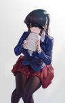  1girl absurdres bangs black_eyes black_hair black_pantyhose blazer blue_jacket commentary_request covering_mouth diagonal-striped_skirt feet_out_of_frame gradient_background grey_background highres holding holding_notebook jacket komi-san_wa_komyushou_desu komi_shouko long_hair long_sleeves looking_at_viewer notebook pantyhose r1zen red_skirt shirt skirt solo white_background white_shirt 